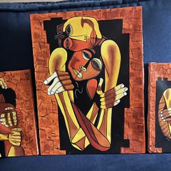 Three Postmodern Abstract Wall Art Decor Oswaldo Guayasamin In Yellow & Orange
