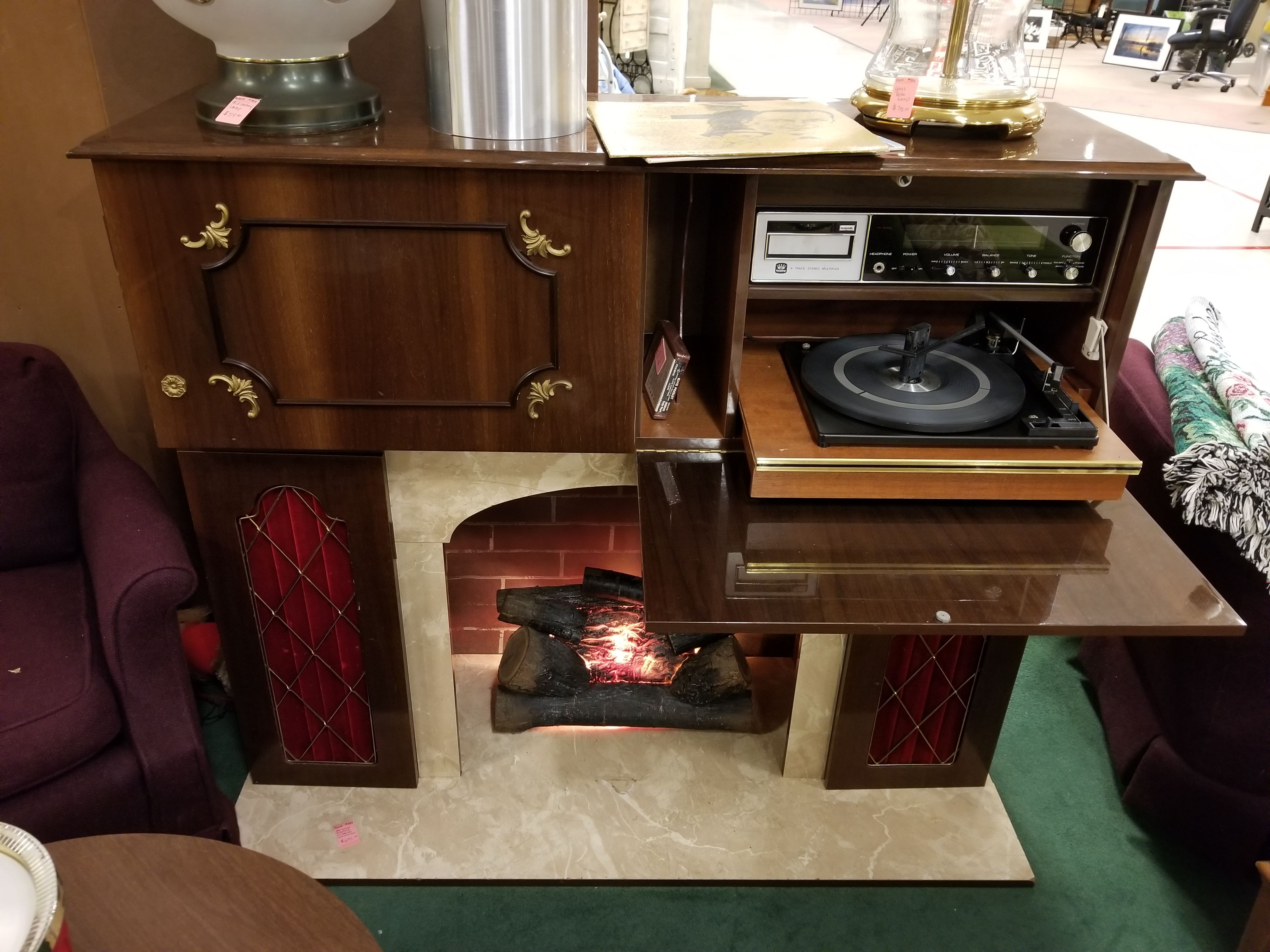Midcentury electric fireplace , bar, stereo vintage for Sale in