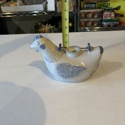Vintage Asian Chicken / Rooster Teapot W/ Wicker Handle Lid White with Blue