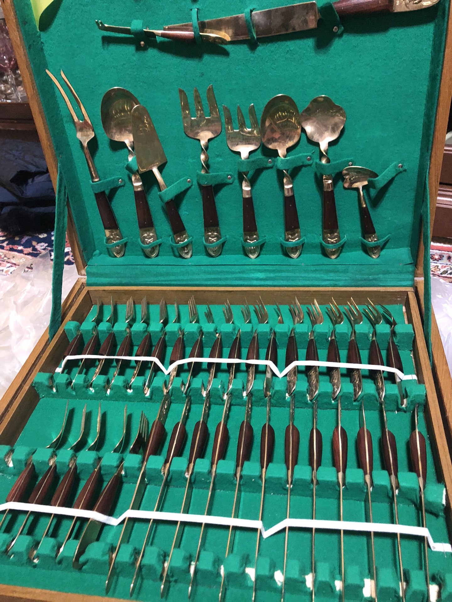 Vintage Siam Thailand Rose Wood & Bronze Flatware Set 143 PCs With Wood Case