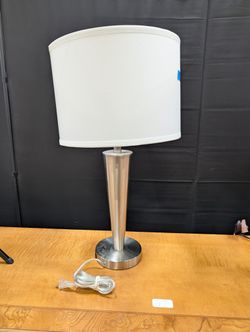 Modern Brushed Metal Table Lamp with White Drum Shade