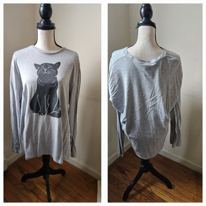 Cat lady box long sleeve kitty grey black shirt size XL