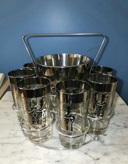 Vintage Set of 7 MCM Kimiko Silver Heraldic Highball Glassware Barware Caddy