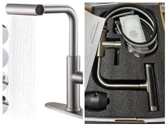 Waterfall Kitchen Faucet Pull Down Sprayer 4 Modes Brushed Nickel – Low Profile (Not Tall)  Description:  Modern waterfall kitchen faucet with pull-do