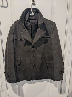 dark gray wool peacoat style jacket with removable bib