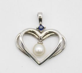 Vera Wang LOVE Sterling Silver 925 Heart Pendant Blue Sapphire Pearl Charm 3.7g