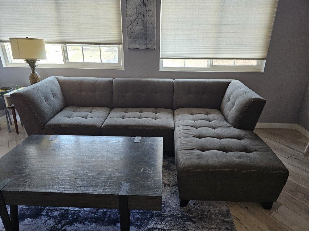 Section Couch, 3 Pieces, Grey Fabric
