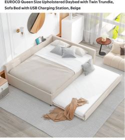 Queen Size Upholstered Daybed with Twin Trundle, Sofa Bed with USB Charging Station, Beige
