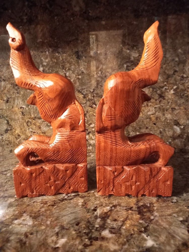 Vintage Hand Carved Elephant BookEnds