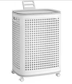 White Rolling Laundry Hamper with Lid