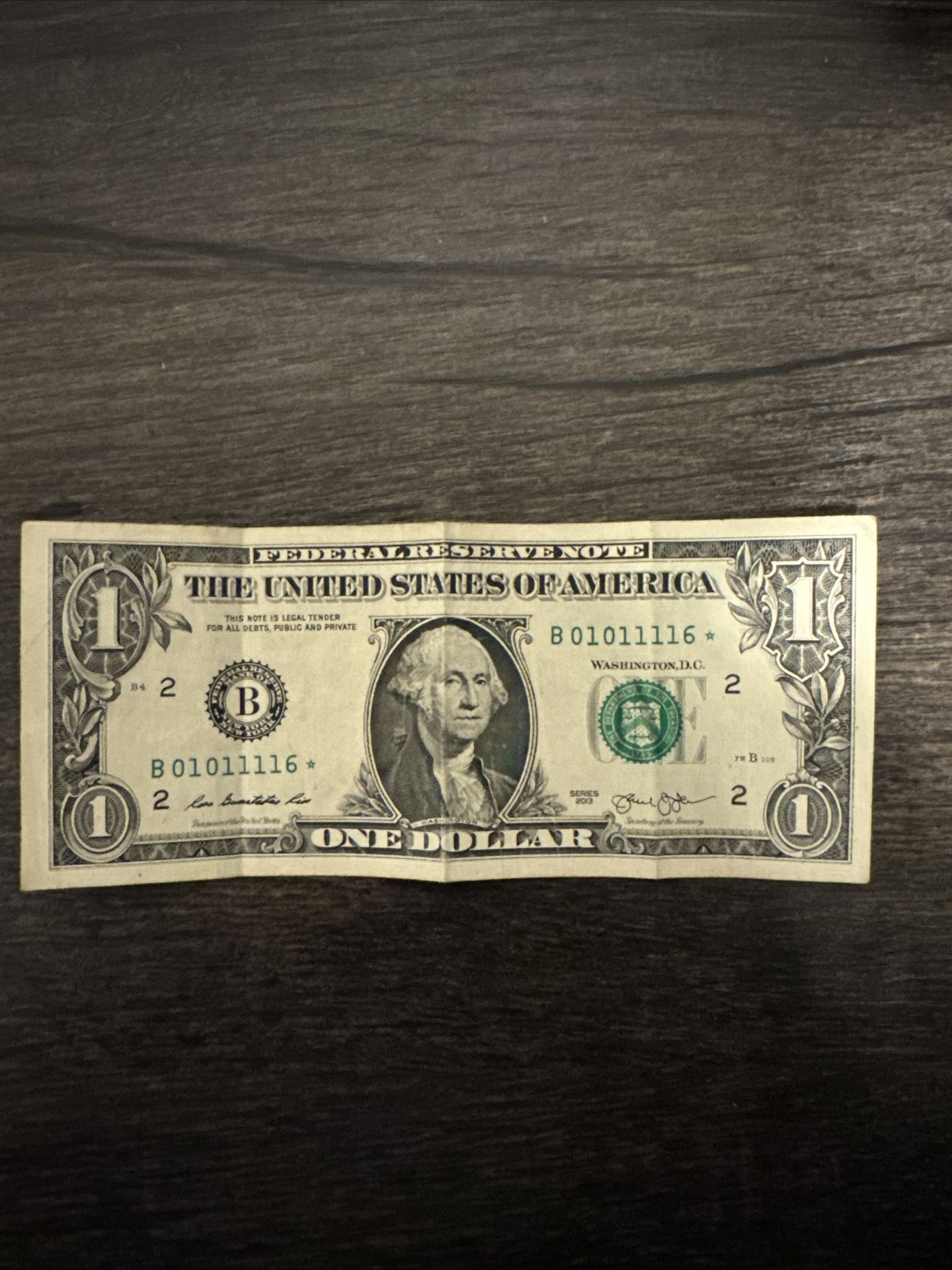 Rare 2013 error Star note 1 Dollar Bill