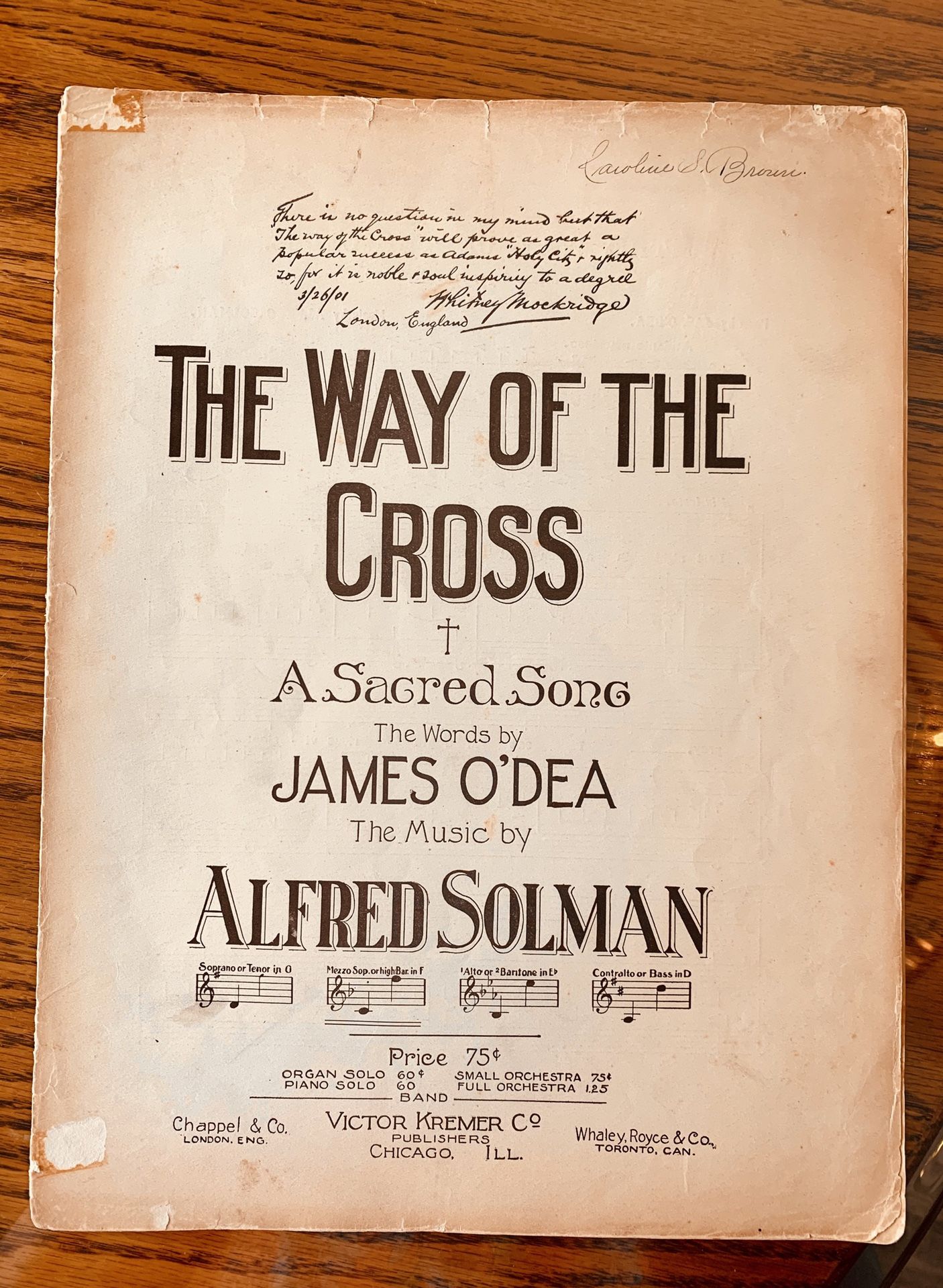 1901 Large Format Antique Sheet Music -The Way Of The Cross #030712A2