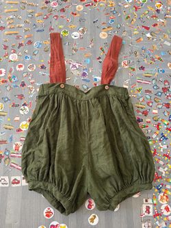 All the beautiful linen toddler green & brown Romper