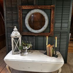 Distressed Blue 3D Metal Round Mirror – 24” Embossed & Cut-Out Frame, Cottage or Farmhouse Style