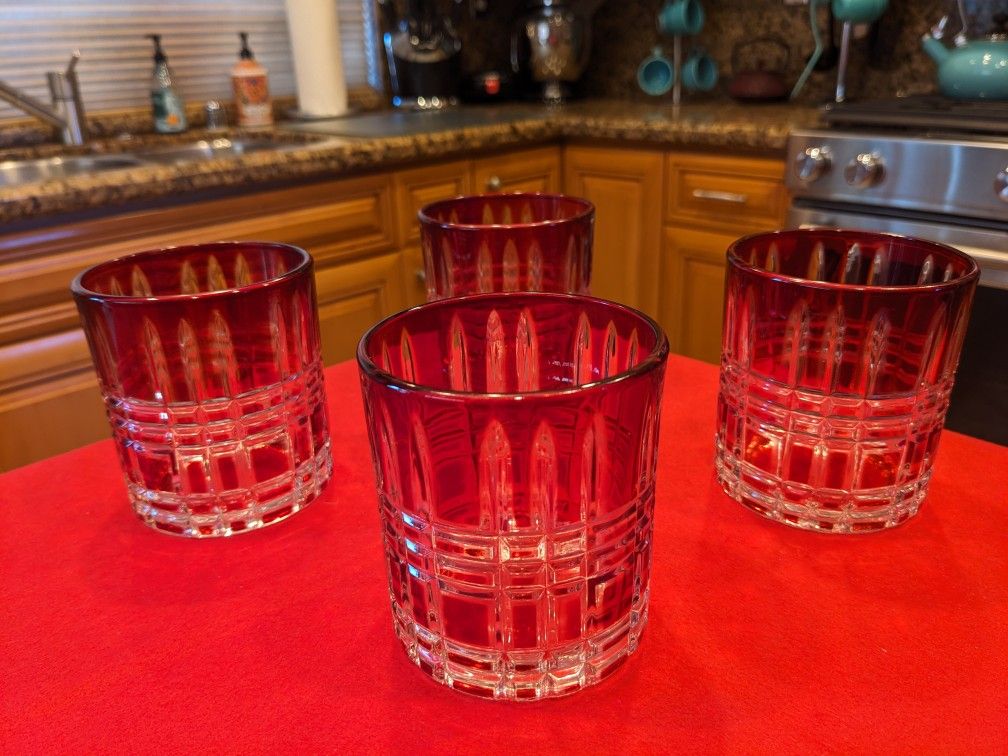 Vtg Crystal Red Ruby Double Old Fashioned Glasses " Gorgeous Design" Flawless Condition