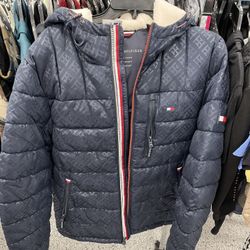 Tommy Hilfiger Men's Blue Sherpa Lined Hooded Water Resistant Puffer 