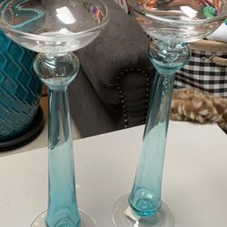 Vintage Blue With Clear Glass Candle Holders 