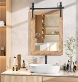 Hasipu Farmhouse Bathroom Mirror, 22"x30" Rustic Wood Framed Wall Mounted Mirror, Brown Vintage