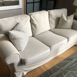3 Cushion Linen Skirted Sofa / Rolled Arms Couch By IKEA