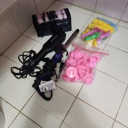 Ion Curling Iron and Megawise Heated Brush Hair Straightener and Remington Hot Rollers