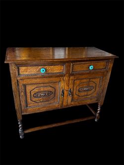 Vintage antique 20s Jacobean barley twist legs buffet console cabinet dark solid oak