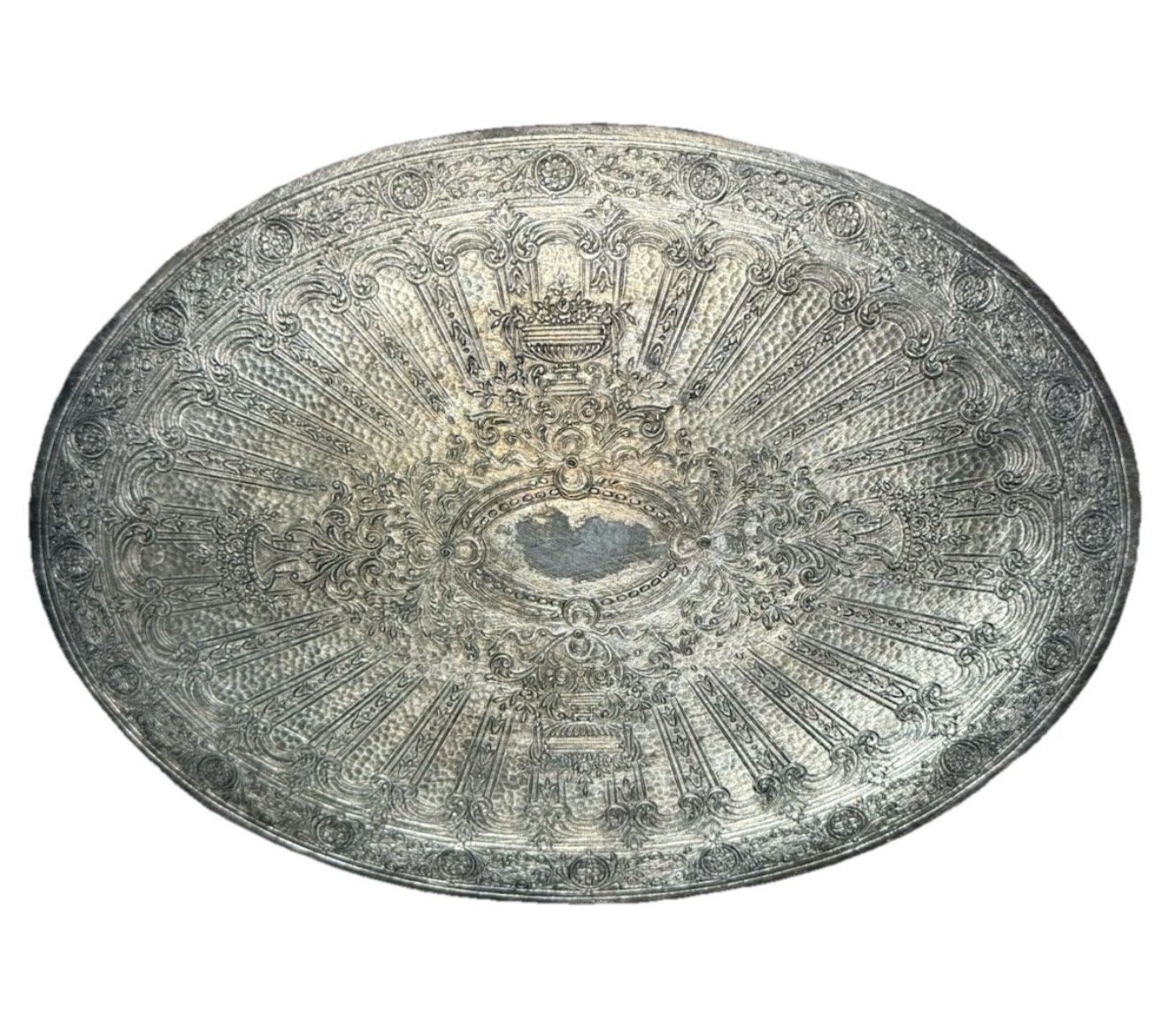Vintage Silver-plate Round Oval Scroll Etched Trivet Hot Pad Plate Felt Back