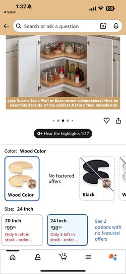 Leinuosen 2 Pcs 24in/28in/32in Banded Pine Wood Full Kidney Shaped Lazy Susan for Corner Base Cabinets with Iron Swivel Bearing for Kitchen Turntables