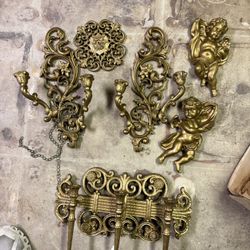 Ornate Vintage Gold Wall Sconce & Cherub Collection – 1970s Home Decor