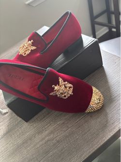 JITAI Red Velvet Loafers with Gold Accents