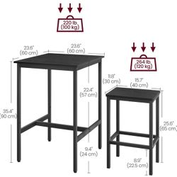 VASAGLE Bar Table and Chairs Set Square Table with 2 Stools - Black