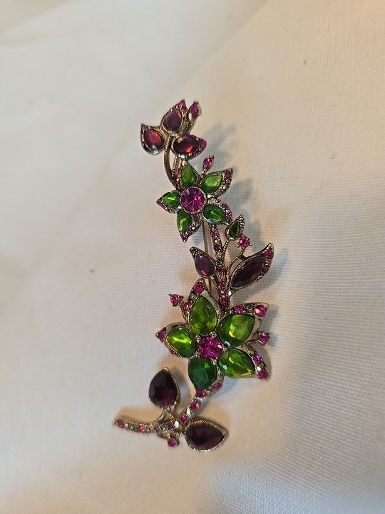Vtg. Large Monet Flower Brooch/Pin Lime Green, Pinks & Red Rhinestones. Very Rare!