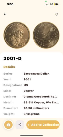 2001-D Sacagawea Gold Dollar BU Mint State UNC Collector Coin