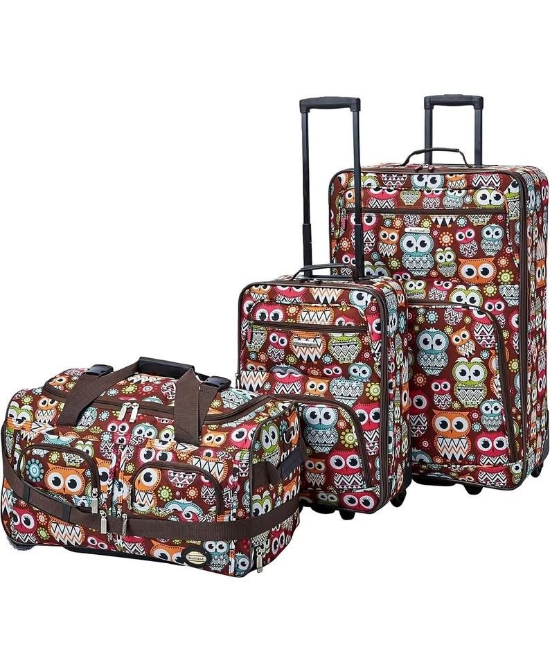 Rockland Vara Softside 3-Piece Luggage Set Owl 20 inch 22 inch 28 inch Expandable, Upright
