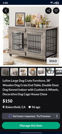 Lulive Large Dog Crate Furniture, 38'' Wooden Dog Crate End Table, Double Door Dog Kennel Indoor with Cushion & Wheels, Decorative Dog Cage House Chew
