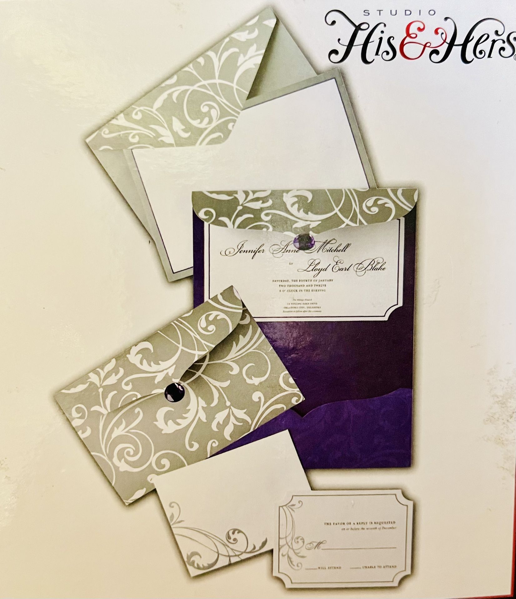 25 Invitation Sets: Grey/Purple with Large Purple Gem Stone Accent