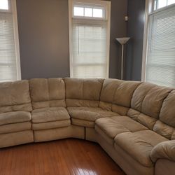 Tan/Brown Suede Sectional w/ Recliner Couch