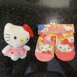 2 Pairs Sanrio Hello Kitty Cherry Blossom Baby Socks Size 4-5.5” & Plush Toy