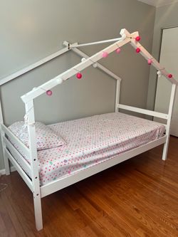 White Wood House Frame Kids Bed