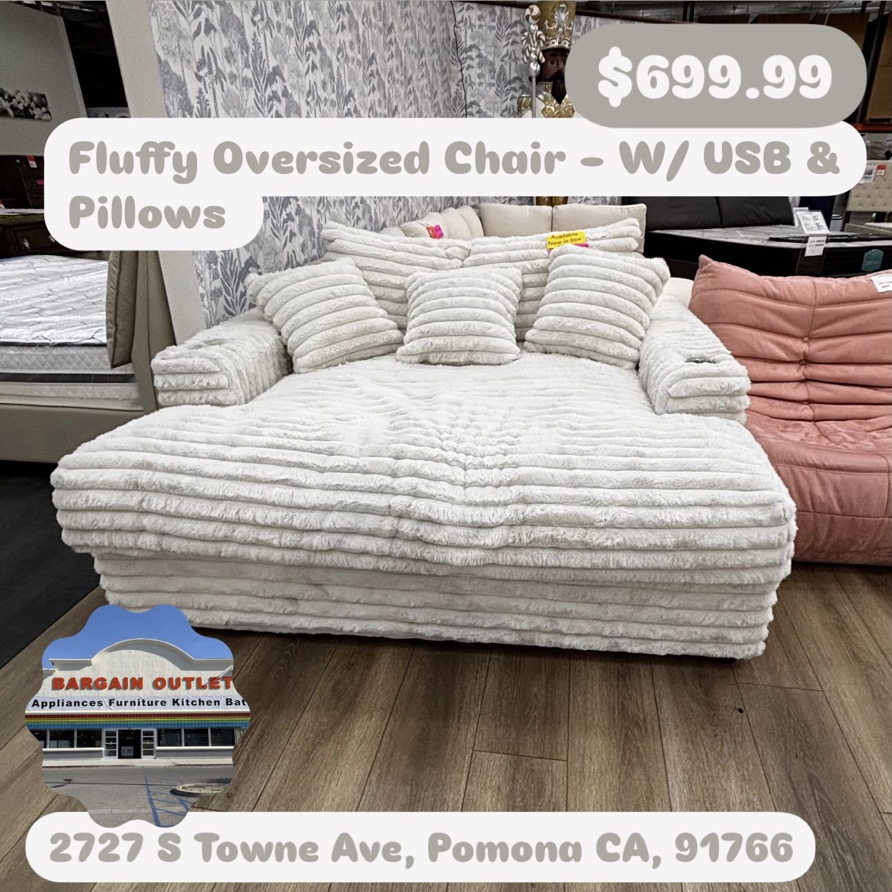 Fluffy Oversized Chair – W/ USB & Pillows – $699.99 New