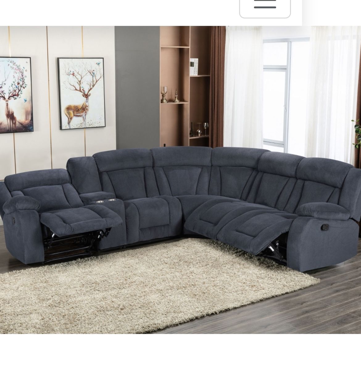 Dark Grey 7 Piece Manual Recliner Sectional Very Plush Soft Fabric 3 Recliner Seats Storage Console And Cup Holders Brand New In Box Firm Price $1100