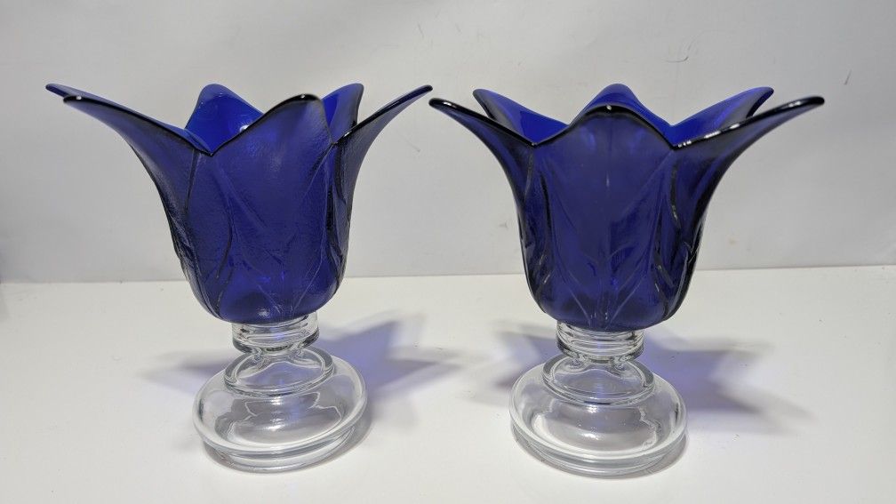 Pair of Vintage Cobalt Blue Tulip Glass Vases with Clear Pedestal Bases – 7.5"