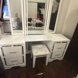 White Vanity With Silver Mirrors And Stool