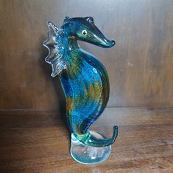 QFkris Handmade Glass 8.5" Blue Seahorse Collectible Art Glass Blown Animal (g8)