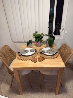 Natural Oak Dining Table + 2 Rattan Bouclé Chairs – Dining Set