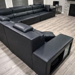 Modern Black Leather Sectional Sofa – Large L-Shaped Couch with Headrests & Storage