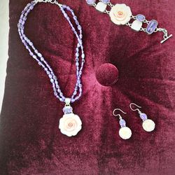 Sterling Silver 925 Necklace, Bracelet & Earrings Set - Purple & Pink Stones, Carved Roses