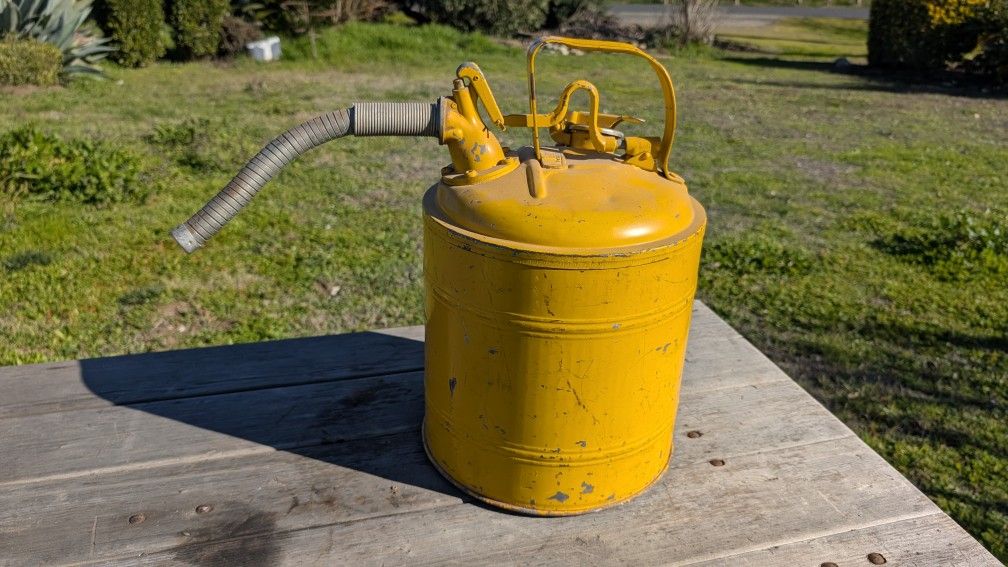 Vintage Yellow Protectoseal Safety Gas Can with Flexible Spout, Heavy Duty Metal

