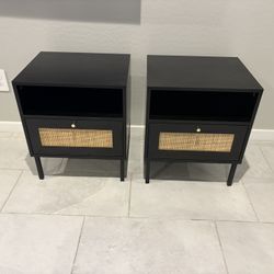 Brand New 2 Black Rattan Boho Nightstand/end Tables With Metal Kegs 19wx22.09hx15.04L