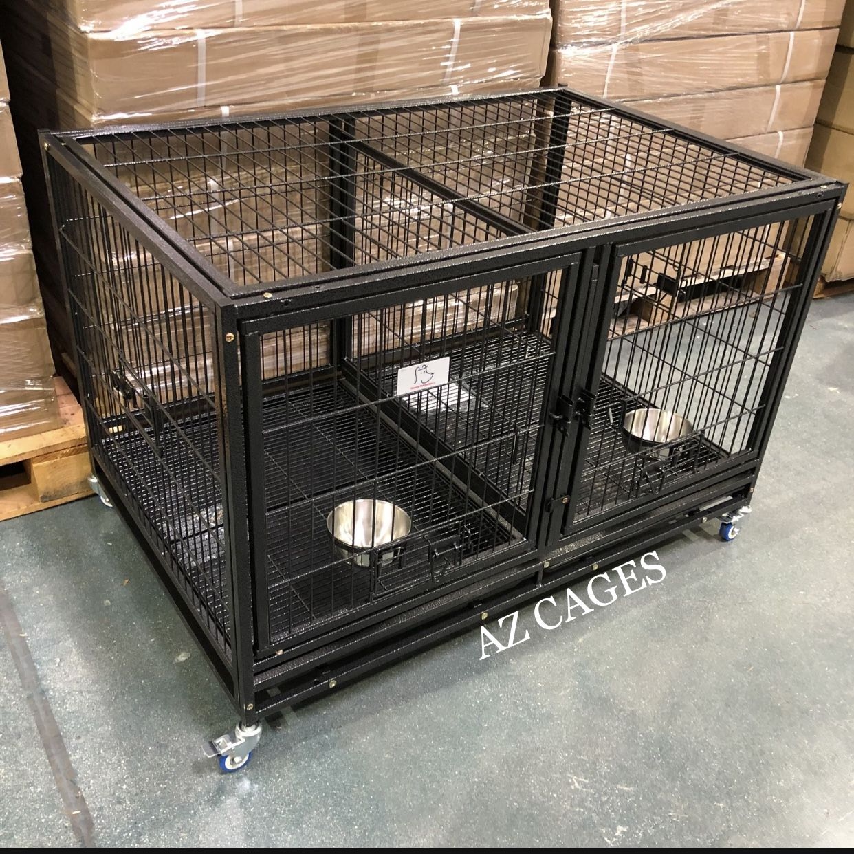Brandnew HD Divider Kennel Crate Cage W/ Tray & Casters & Bowls  🐶🐶 Dimensions:43”L X 28”W X 26”H ✅