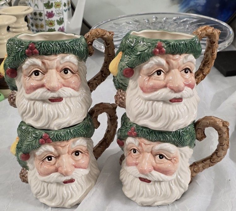 Vintage Fitz and Floyd Woodland Santa Coffee Mug Cup 1991 Set of 4